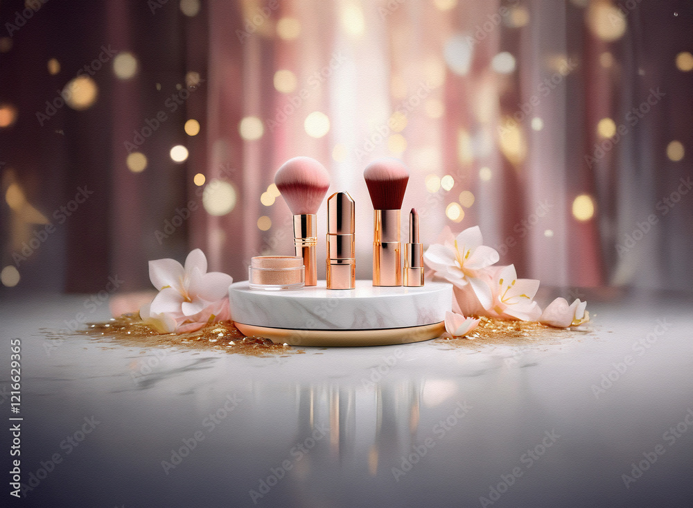 Poster three makeup brushes with rose gold handles rest on a marble platform, adorned with flowers. the gra