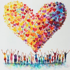 diverse group of people celebrating love and connection under a heart made of smaller hearts