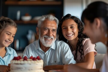 Fototapeta premium A man and a group of children are gathered around a cake