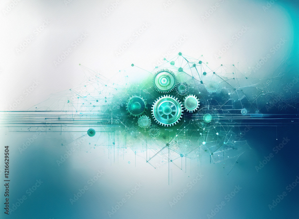 Aufkleber Abstract digital art.  Granular paper texture. Teal and blue hues depict interconnected gears and nodes, suggesting a complex system or network.  A subtle, hazy cloud effect is present.