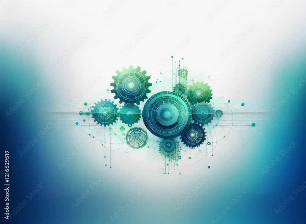 Aufkleber abstract image of teal gears, interconnected, on a grainy paper texture background. the design evoke