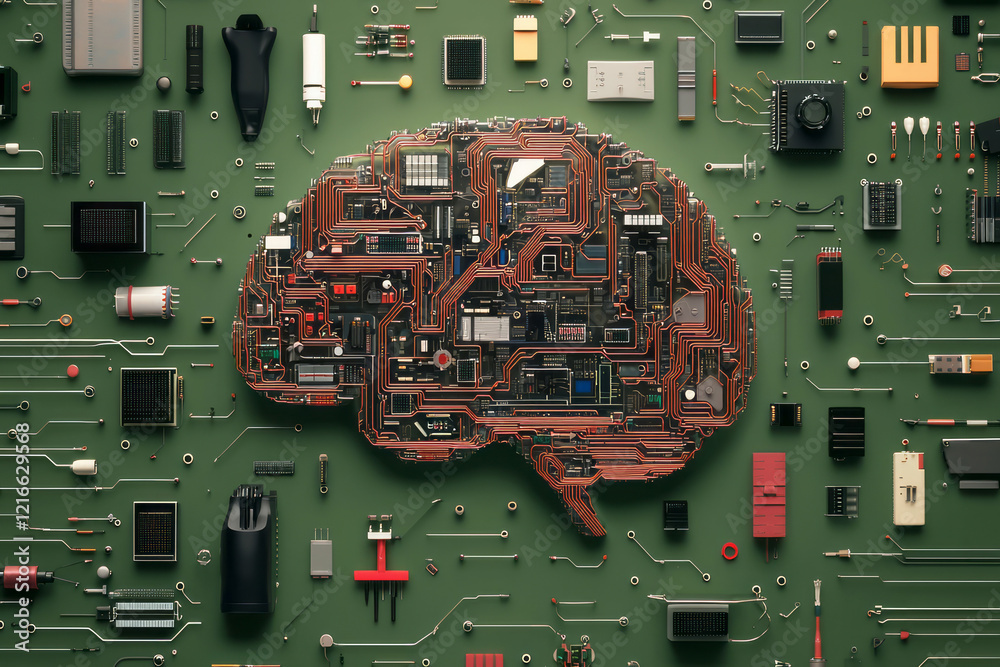 Poster A creative depiction of a brain made up of interconnected circuits and devices, representing the integration of technology into human cognition and the growth of dependency,
