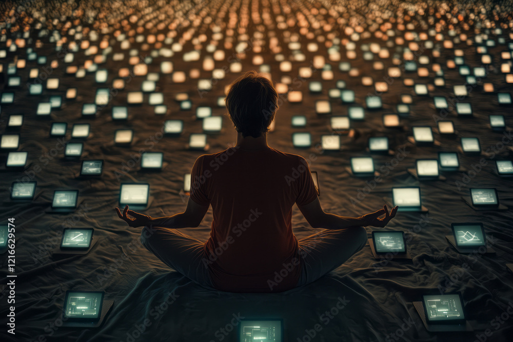 Fototapete A serene image of a person meditating surrounded by digital devices, symbolizing the struggle to balance technology dependency with personal well-being,
