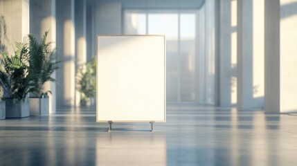 Blank sign in modern lobby, sunlight