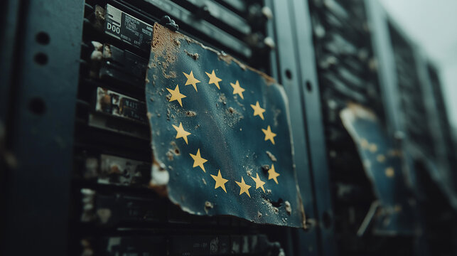 EU flag in server room, symbol for technological decline, abstract