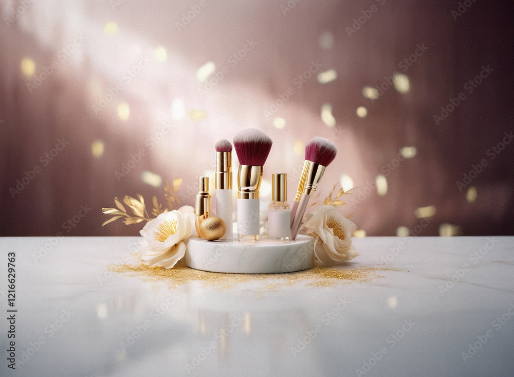 Poster elegant makeup brushes and bottles arranged on a grainy paper textured marble tray. golden confetti 