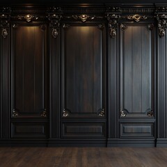 classic black wood paneling wall with intricate details and dark wooden floor