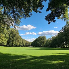 Fototapeta premium Gorgeous green meadow in summer park and blue sky.