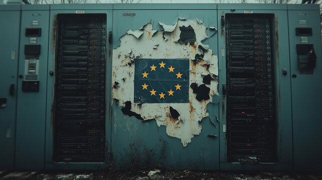 Weathered European Union flag with its distinctive circle of yellow stars in abandoned server room. Symbol for Europes technological decline.
