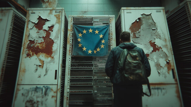 Weathered European Union flag with its distinctive circle of yellow stars in abandoned server room. Symbol for Europes technological decline.