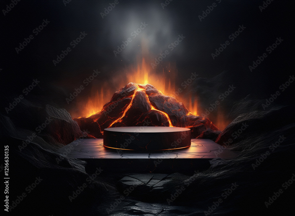Poster a fiery volcanic scene with a dark, grainy, paper-textured platform in the center. molten lava flows