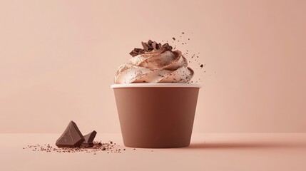 Chocolate ice cream in cup, pink background, dessert, food photography