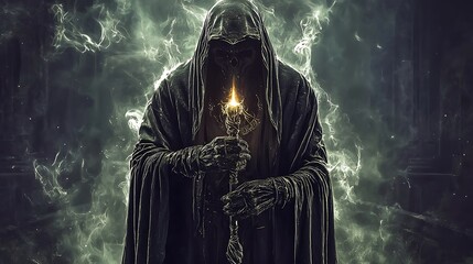 Hooded figure with candle, dark fantasy, smoky background; game art, book cover