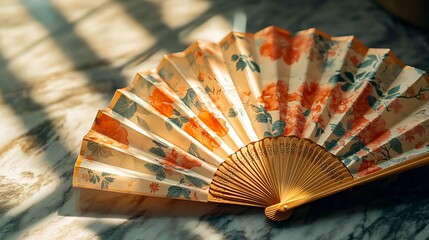 A Floral Hand Fan Rests in Sunlight
