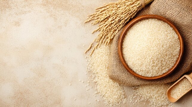 ZAKAT donation for Muslim according to religious principles during the Ramadan month, concept: rice grain in bow . income, and fitrah zakat . Islamic Concept . help the poor and needy
