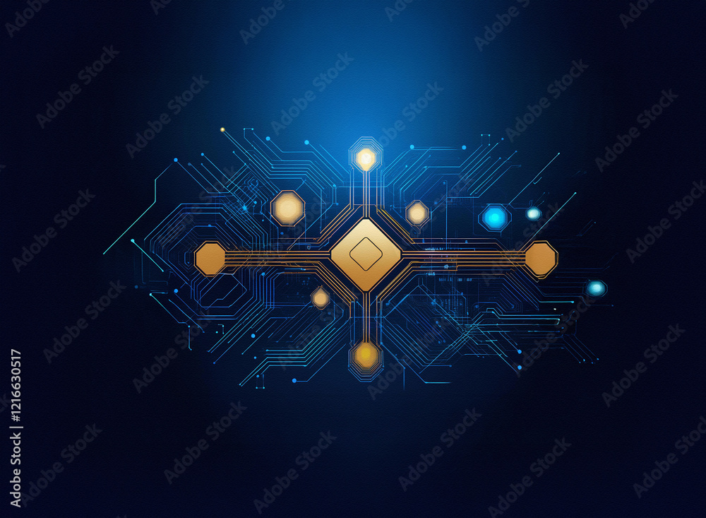 Poster Abstract digital artwork.  Granular paper texture effect.  Gold and blue circuit board design.  Connecting nodes and glowing elements.