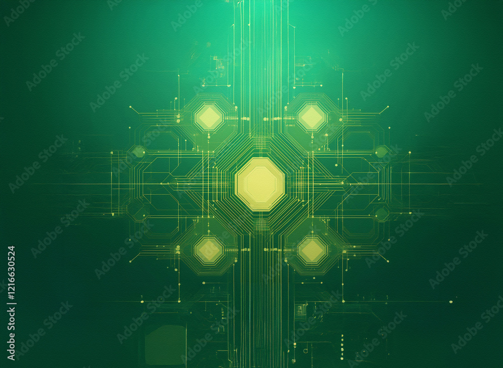 Poster abstract digital artwork. glowing green and yellow circuitry on a grainy paper texture background. s