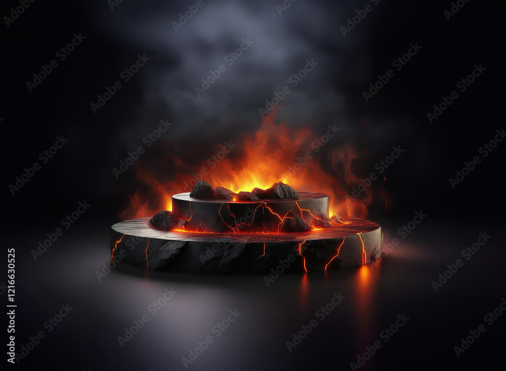Poster fiery, smoky scene featuring a two-tiered stone platform with a grainy paper-like texture. lava flow
