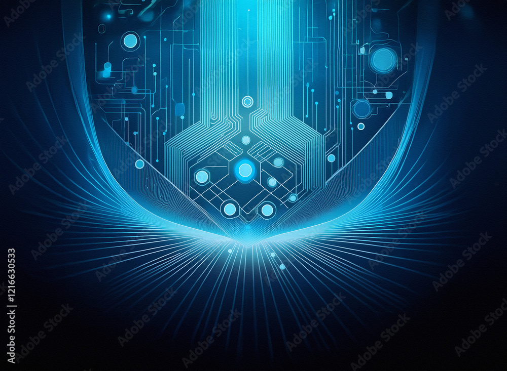 Aufkleber abstract digital artwork. glowing blue circuit board design on a grainy paper texture. lines radiate