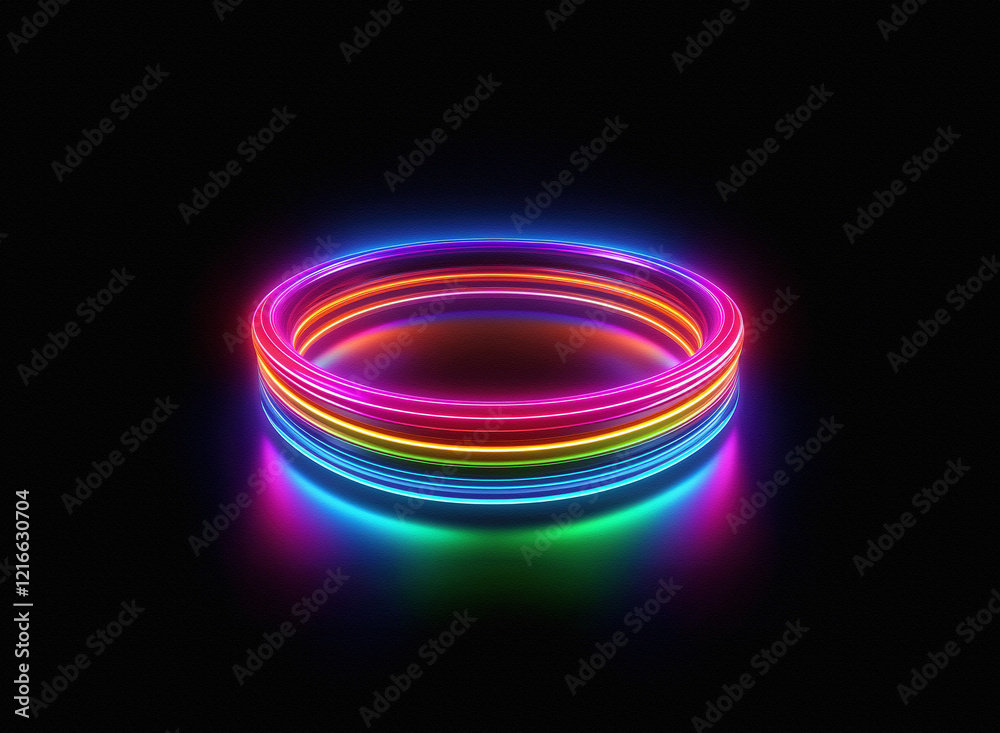 Aufkleber vibrant rainbow neon rings glow on a grainy paper texture, creating a futuristic, circular light dis