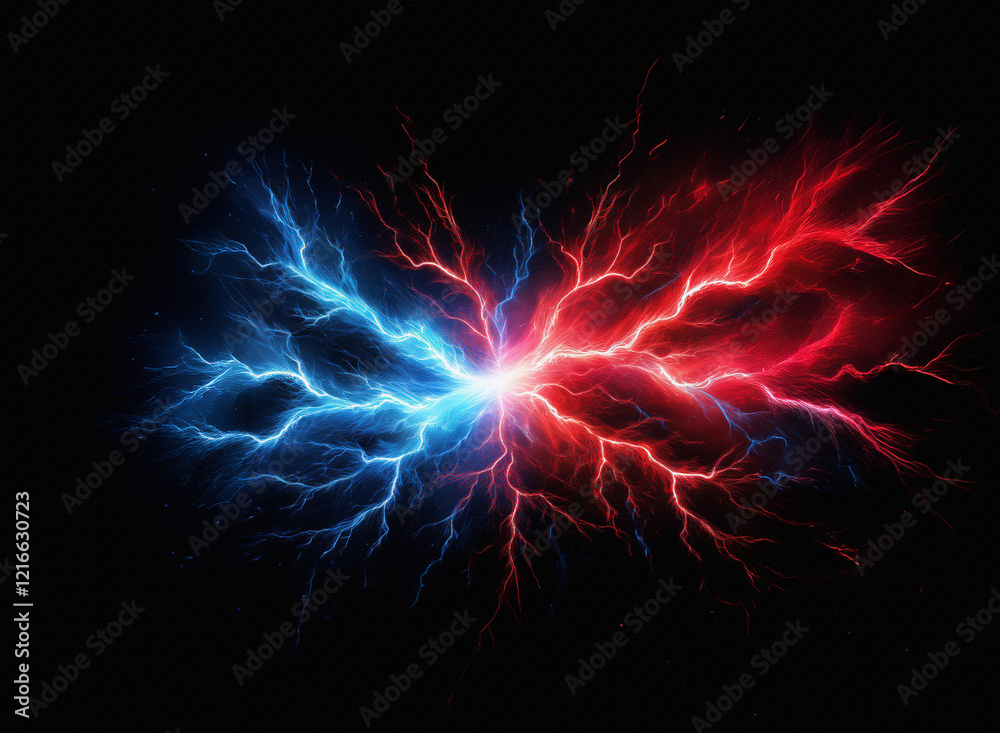 Poster a gritty, textured paper-like depiction of colliding blue and red lightning, creating a dynamic, ene