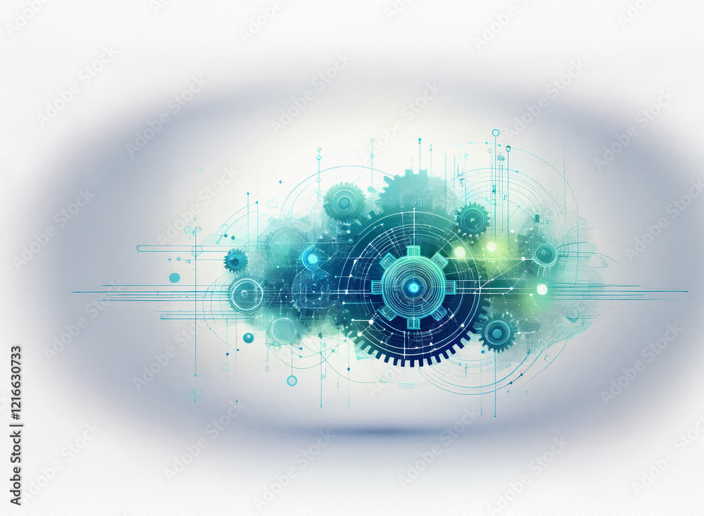 Poster abstract image depicting interconnected gears and circuits within a grainy, paper-textured cloud, su