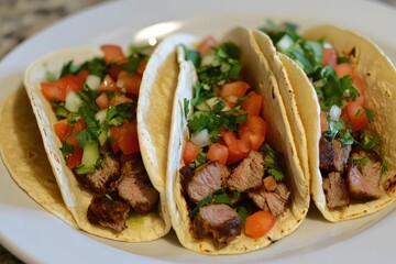 Delicious steak tacos, cilantro, tomato garnish, kitchen setting, food photography