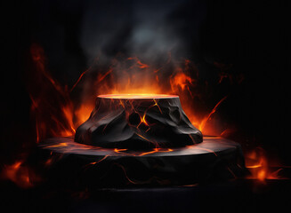 Fototapeta premium A fiery, volcanic display. Glowing embers and smoke rise from a griany, stone platform with a paper-like texture, set against a dark background.