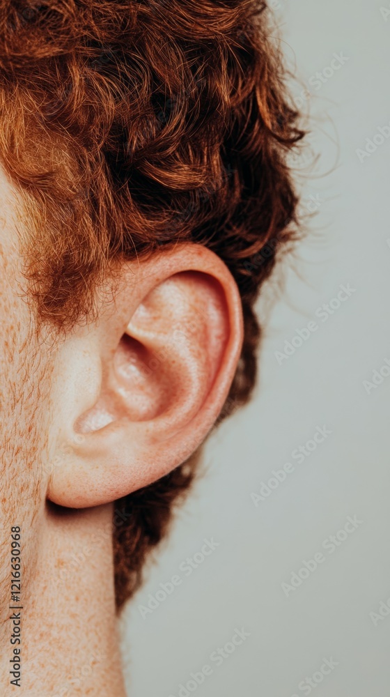 Poster redhead man's ear is examined closely, highlighting potential hearing problems and emphasizing the i