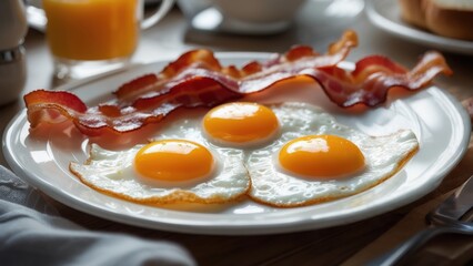 Delicious breakfast with three sunny side up eggs and crispy bacon on a brunch table