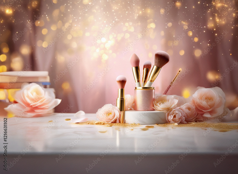 Poster a set of makeup brushes in a pink holder rests on a marble surface, adorned with delicate peach blos