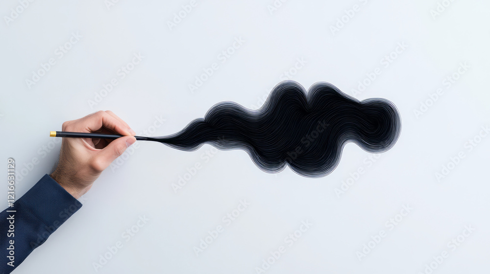 Poster a creative illustration of a hand drawing a continuous line that forms an impossible figure, represe