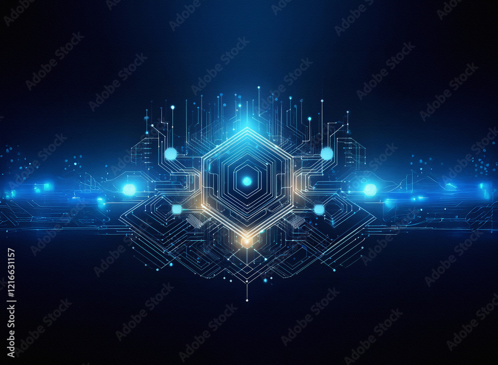 Poster Abstract digital artwork with a grainy paper texture.  Glowing blue and orange lines form a complex hexagonal structure, suggesting technology or circuitry.  A horizontal band of light adds depth.