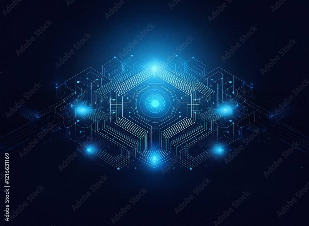Aufkleber Abstract digital artwork.  Glowing blue circuit board design on a grainy paper texture background.  Hexagonal core with luminous nodes.