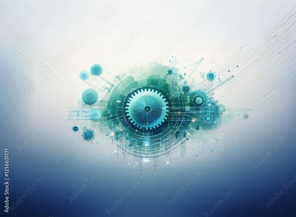 Aufkleber abstract digital artwork with a grainy paper texture. teal and blue hues depict interconnected gears