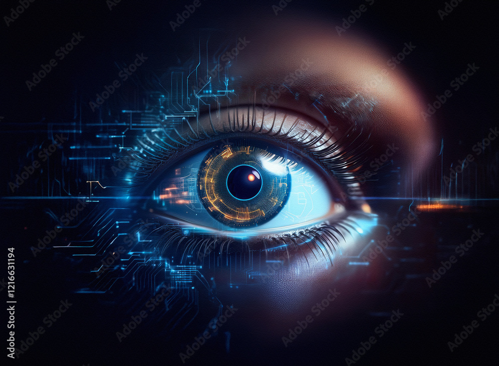 Poster a close-up of a digital eye, rendered with a grainy paper texture. circuitry overlays the iris, sugg