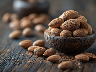 Almonds scattered on rustic wooden surface with vibrant lighting and rich textures