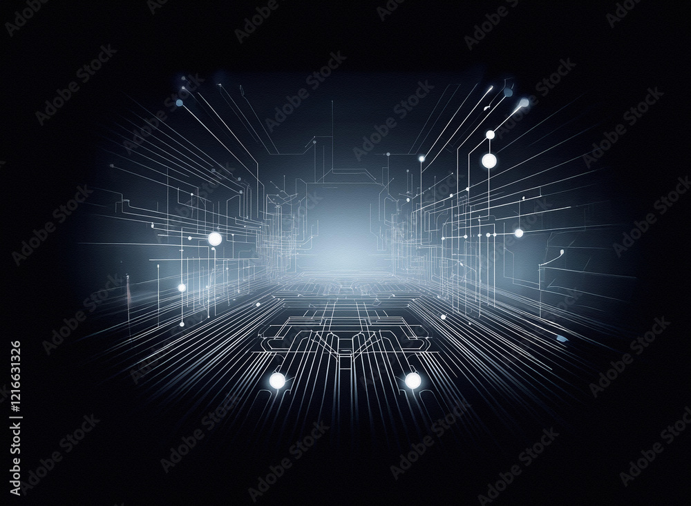 Poster Abstract digital circuitry, glowing lines and nodes on a grainy paper texture, creating a futuristic, tunnel-like perspective.  The dark background emphasizes the illuminated pathways.