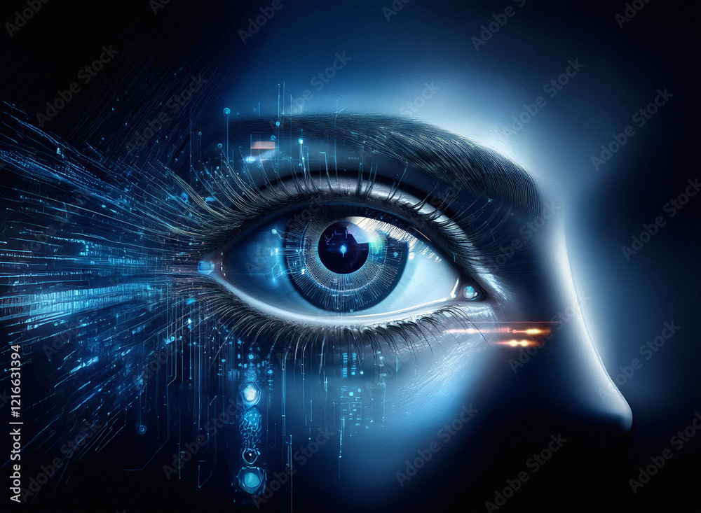 Poster a mesmerizing digital eye, rendered with a grainy paper texture, pulses with electric blue energy. i
