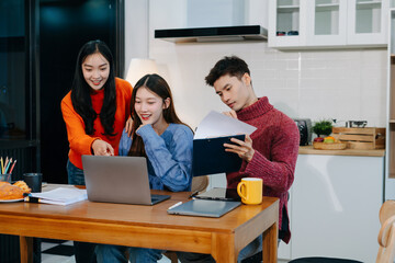 Office worker lifestyle people sit at table in the kitchen exchanging opinions, Teamwork success.
