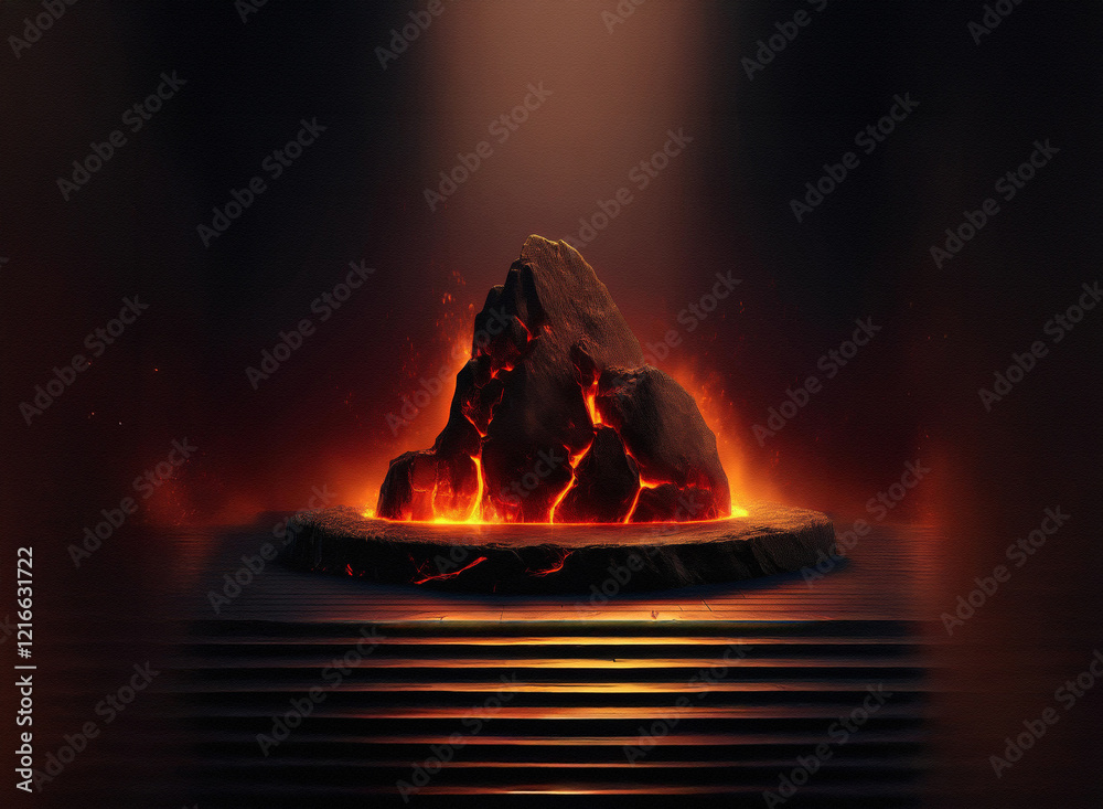 Aufkleber A fiery, craggy rock formation rests on a textured paper-like platform, illuminated dramatically from above.  The grainy texture of the stone and its fiery glow create a mystical atmosphere.