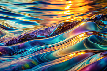 Iridescent water texture with vibrant colors and smooth waves creates mesmerizing effect