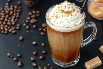 Iced coffee caramel drink, whipped cream, beans, cafe