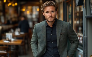 Confident young man in a blazer, outdoors.