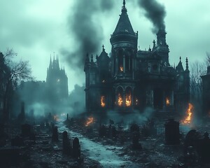 Fototapeta premium Burning gothic mansion in graveyard.