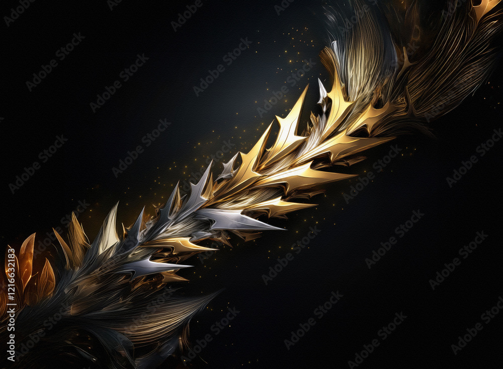 Poster abstract artwork featuring a golden and silver, thorny, spiraling form against a dark background. gr