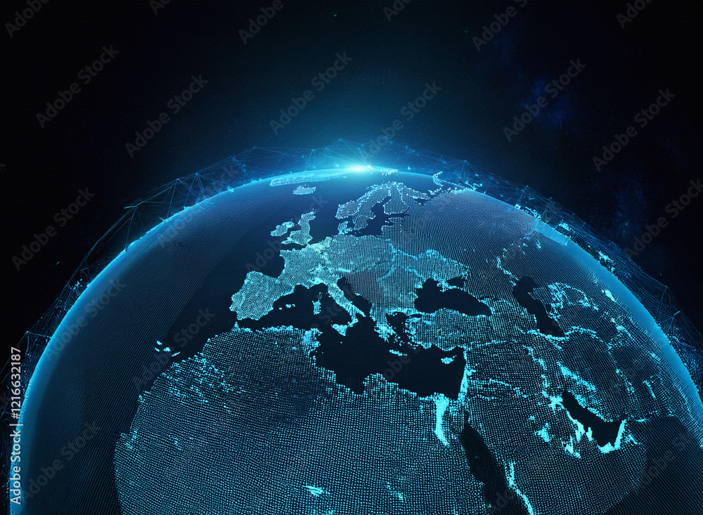 Poster a grainy, textured paper-like rendering of a digital globe, illuminated with bright blue light, show
