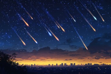 Fototapeta premium meteor shower over a cityscape at sunset