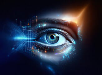 A close-up of a human eye, overlaid with a grainy, paper-textured digital circuit design.  The image blends organic and technological elements, creating a futuristic feel.