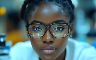 Close-up portrait of a focused young woman scientist wearing glasses.